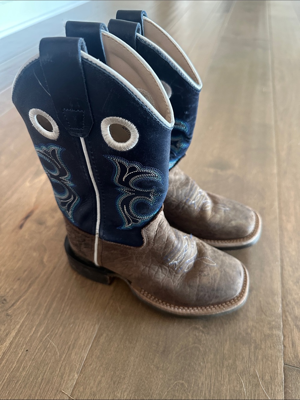 Old West Youth Dark Brown and Blue Square Toe Boots